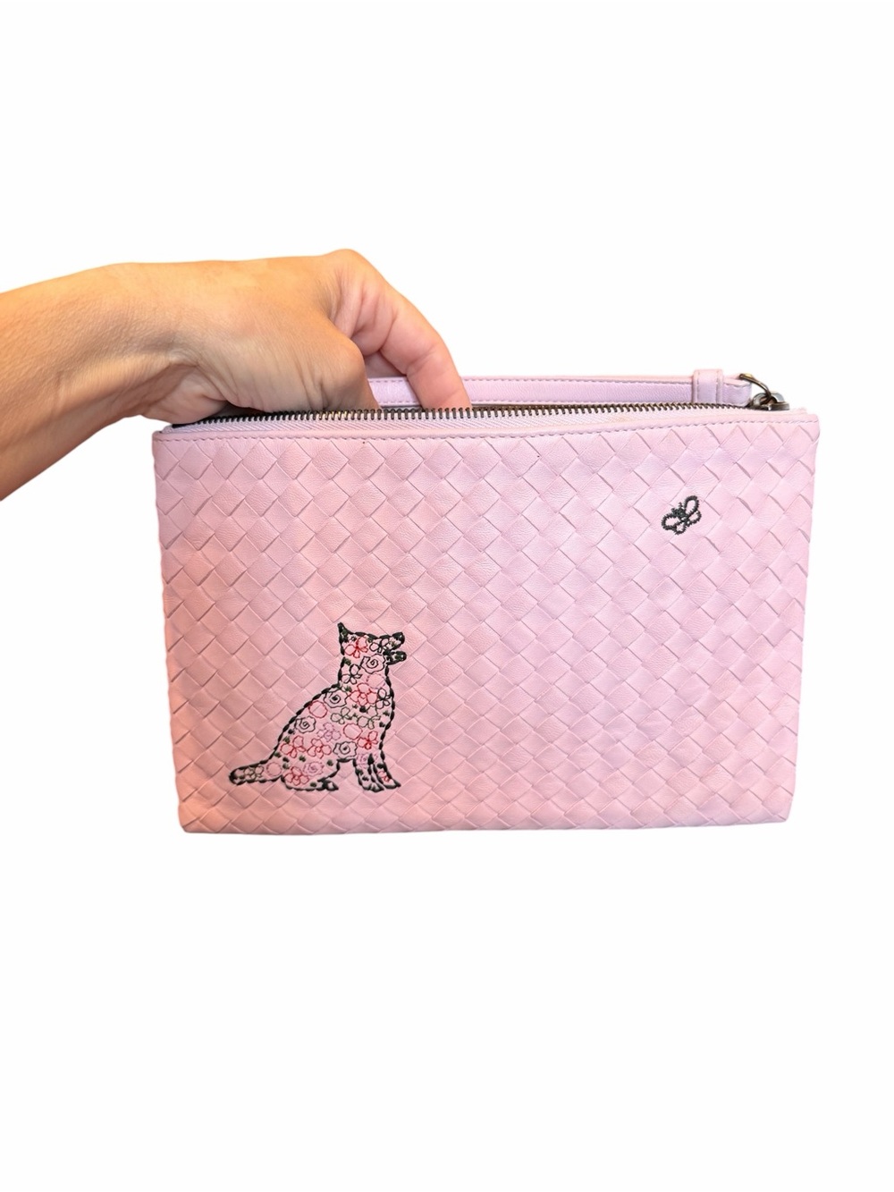 Bottega Veneta Pink Intrecciato Dog and Butterfly Motif Clutch Wristlet w/ COA
